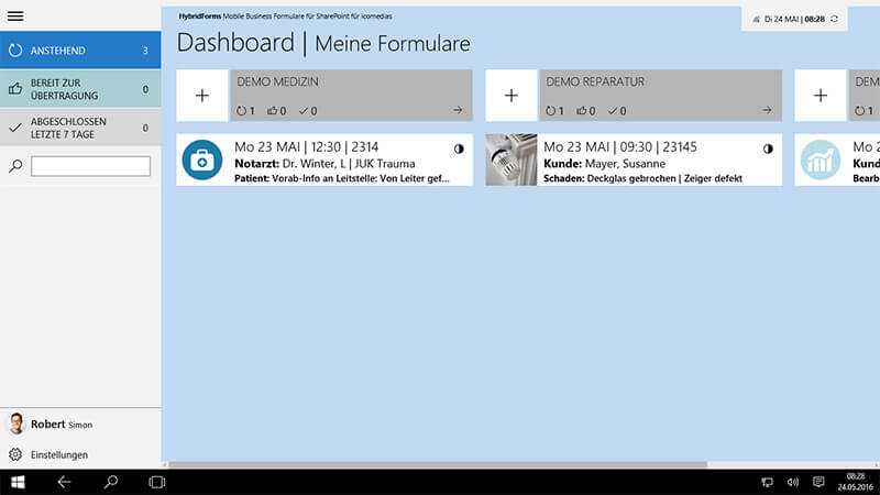 HybridForms 3.2 im Windows Store: Dashboard mit aktiven Formularen
