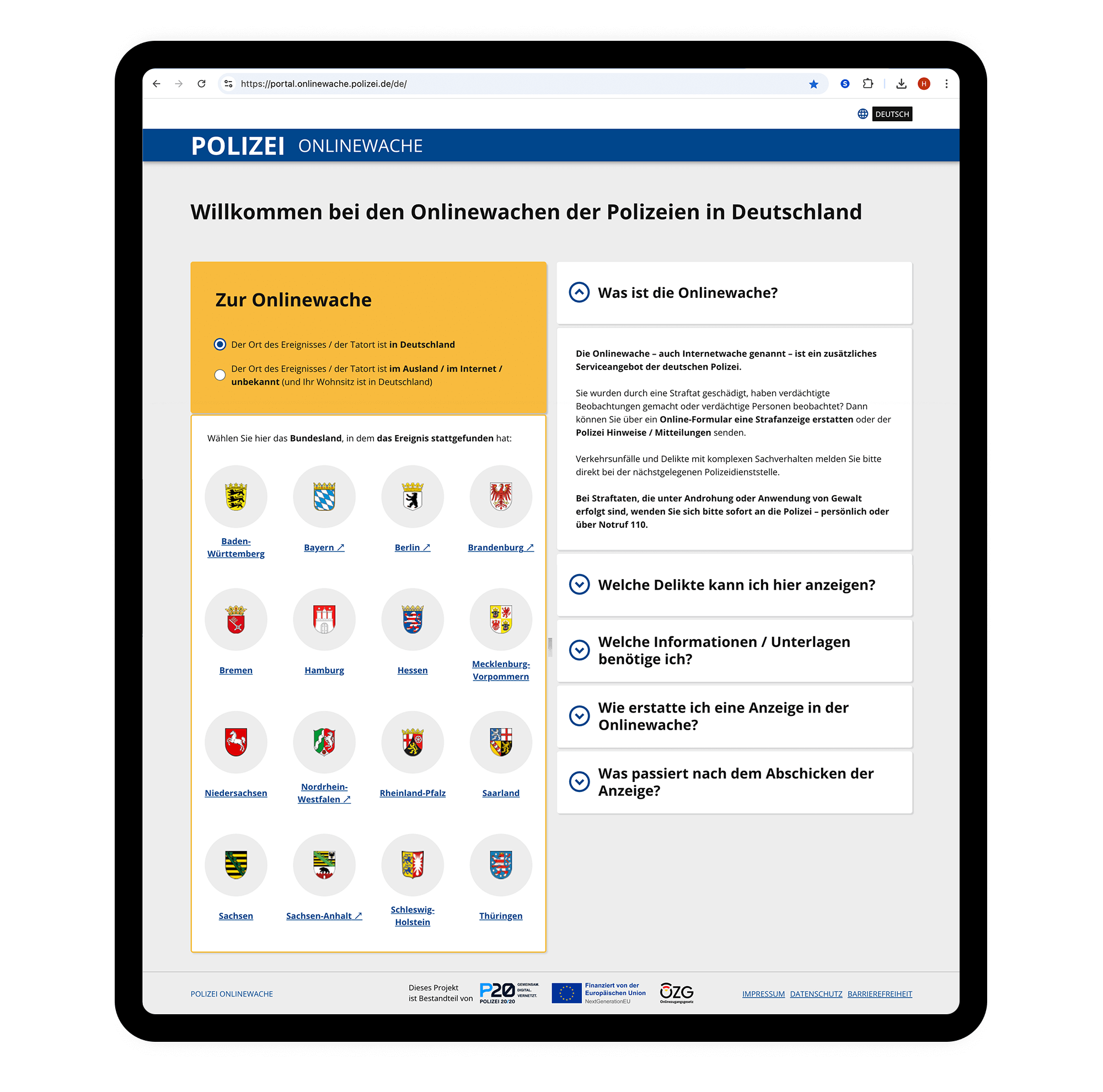 Portal der Onlinewachen der Polizeien in Deutschland