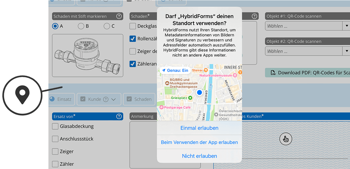 Standort-Information für die elektronische biometrische Unterschrift in der HybridForms App