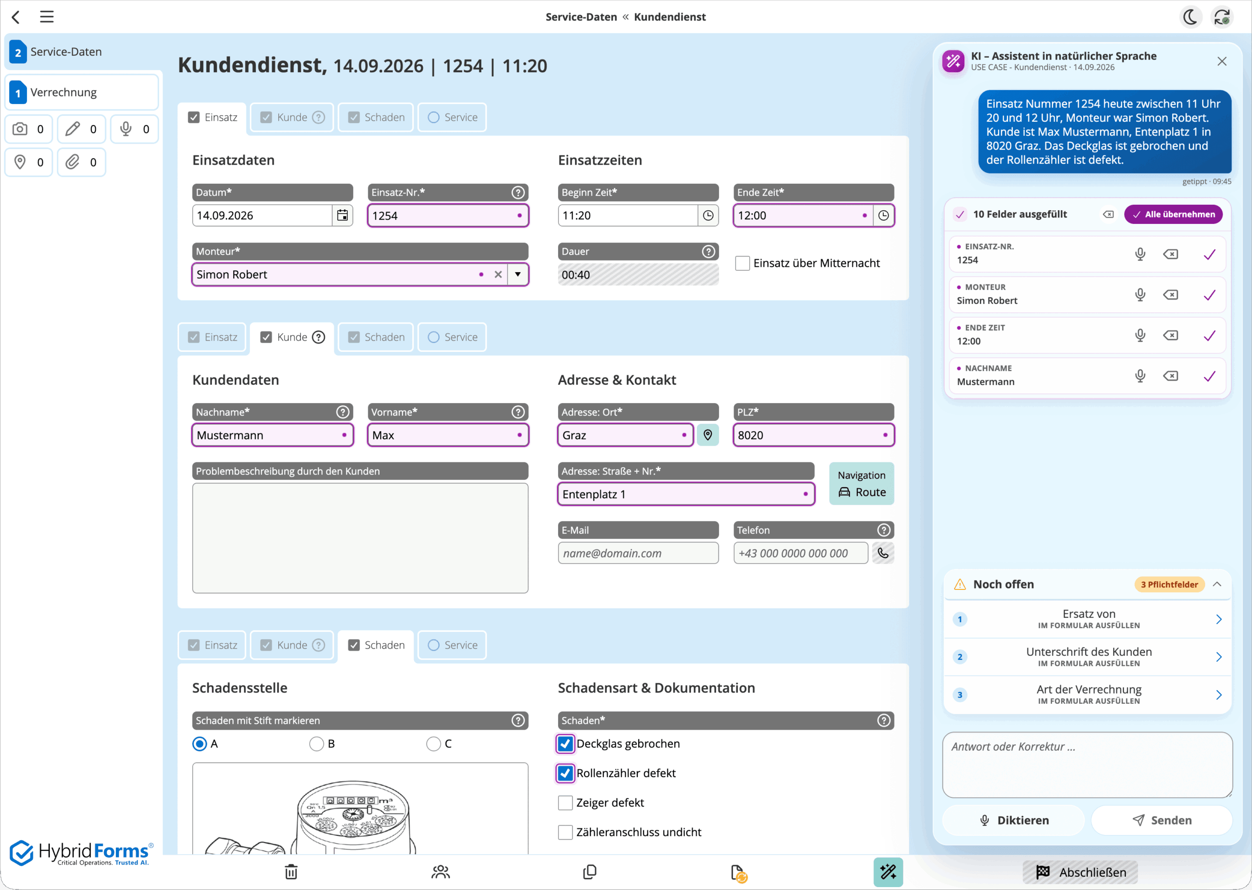 KI-Assistent in HybridForms hat elf Formularfelder aus der Schilderung gefüllt und listet drei offene Pflichtfelder auf