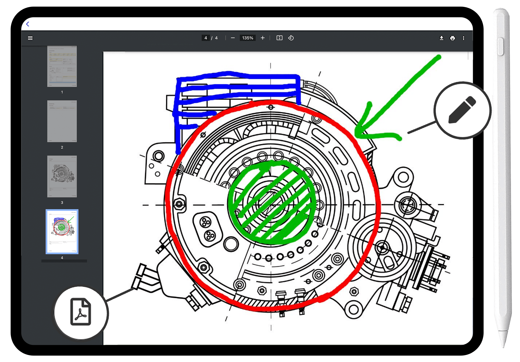 Server-Module AnnotatePDF Tablet mit geöffnetem PDF in der HybridForms App: eine technische Zeichnung mit handschriftlichen Markierungen in Rot, Grün und Blau, links die Seitenvorschau mit vier Seiten, daneben ein Eingabestift.