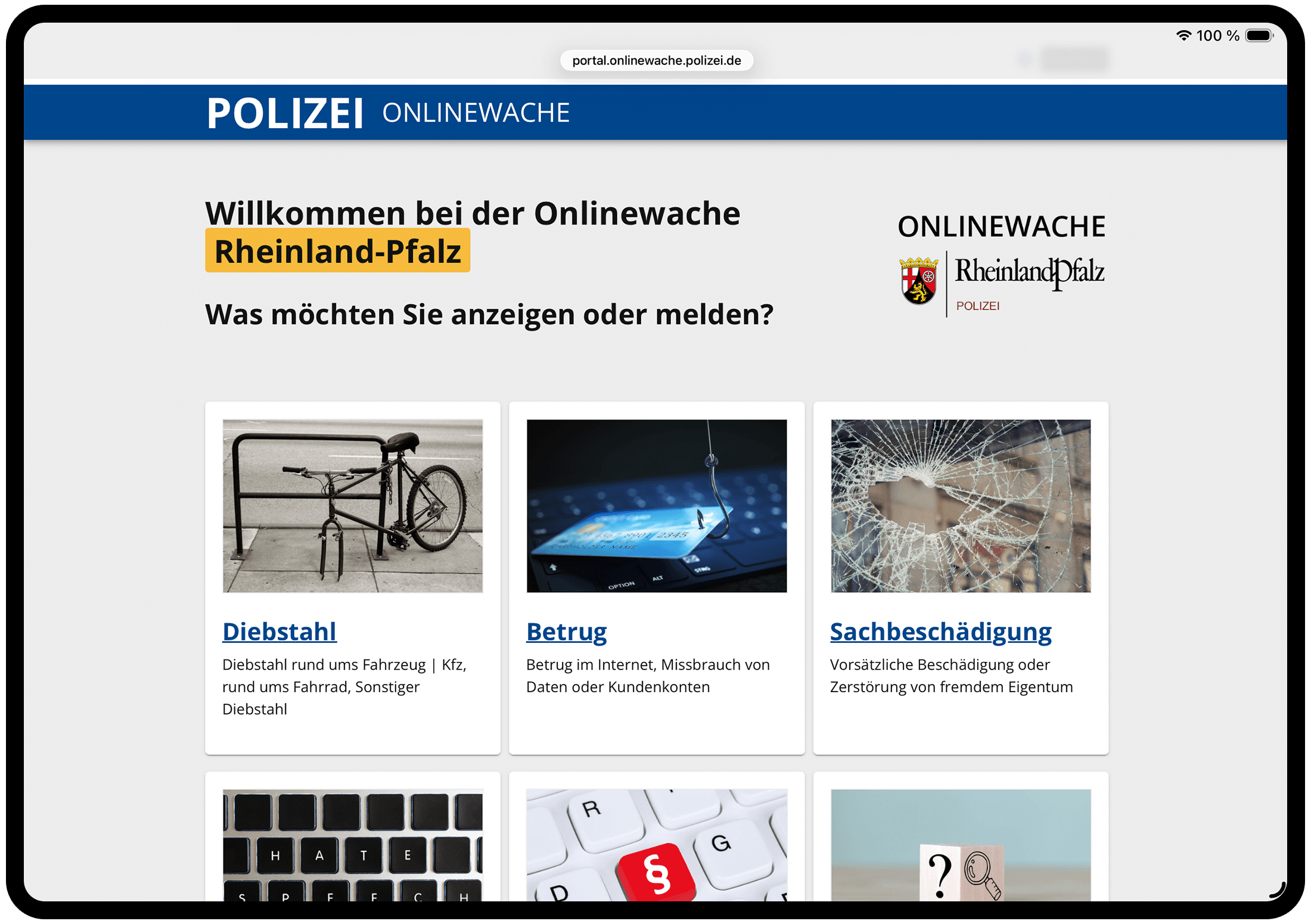 HybridForms: Modul ReachOut Startseite der Onlinewache Rheinland-Pfalz im Browser mit der Frage „Was möchten Sie anzeigen oder melden?