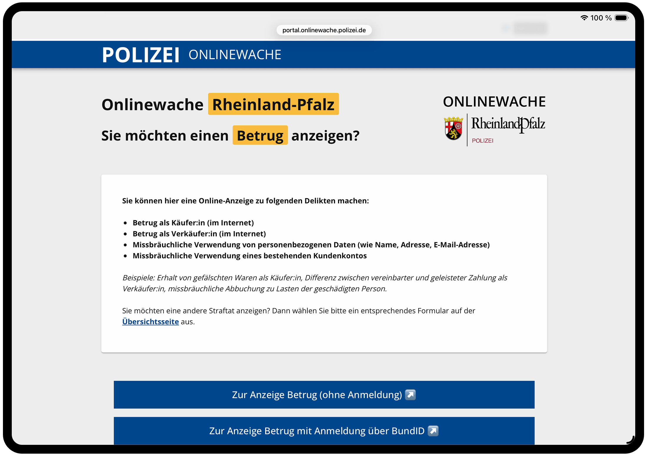 HybridForms: Modul ReachOut Seite zur Betrugsanzeige mit Liste der anzeigbaren Delikte und zwei Schaltflächen: zur Anzeige ohne Anmeldung und zur Anzeige mit Anmeldung über BundID.