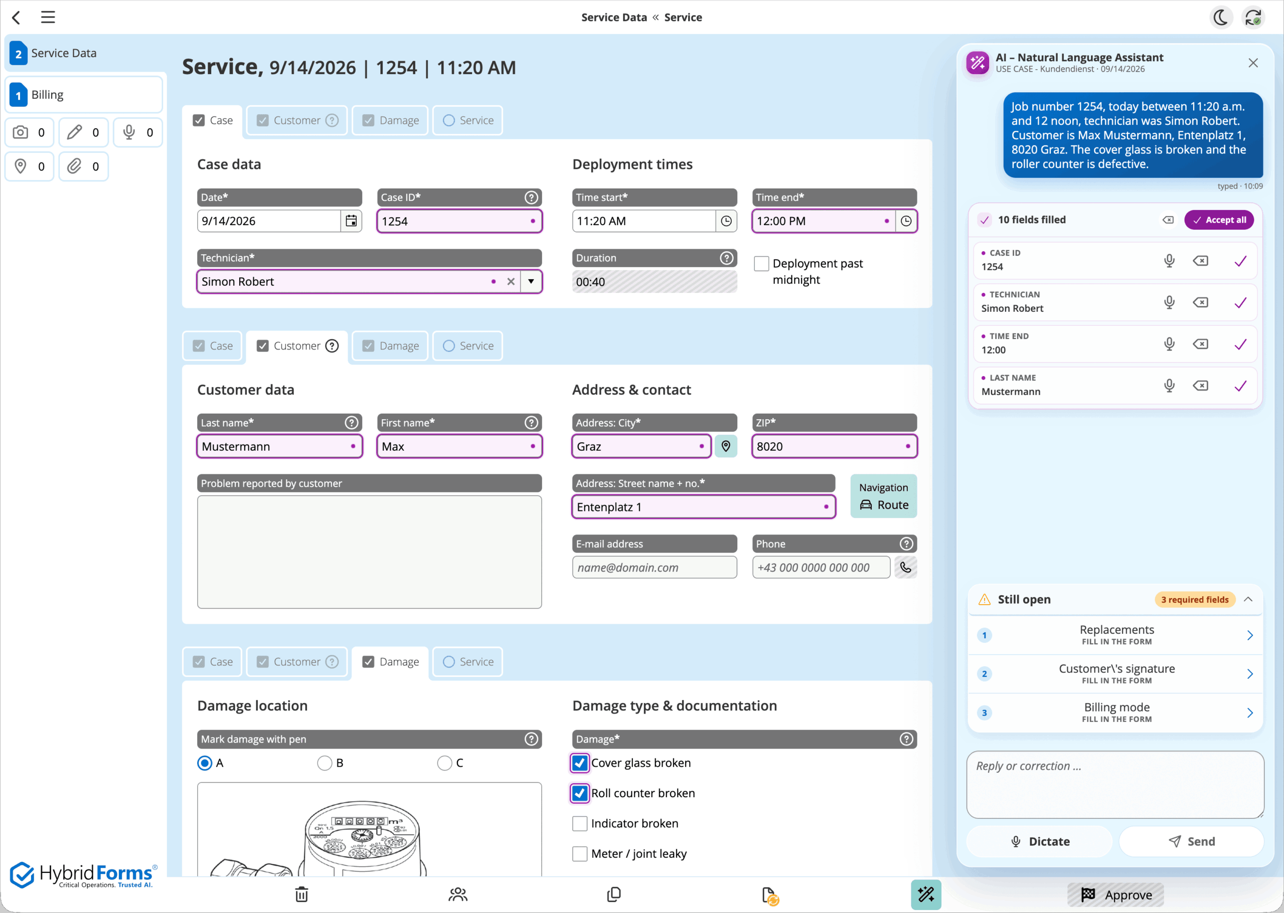 AI assistant in HybridForms fills eleven form fields from one account and lists three outstanding mandatory fields