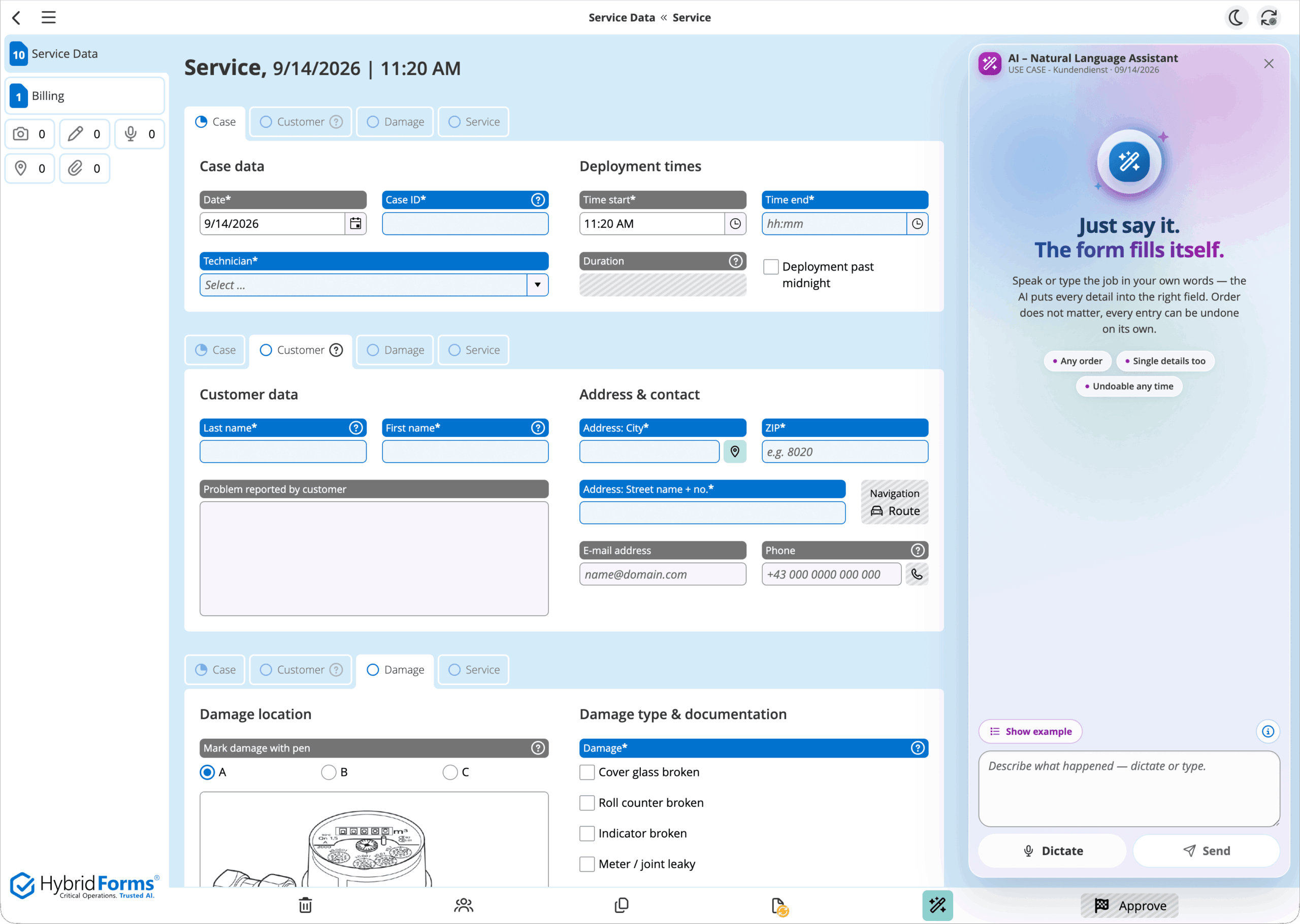 Field service form in HybridForms with the AI assistant open, showing an example of natural language input