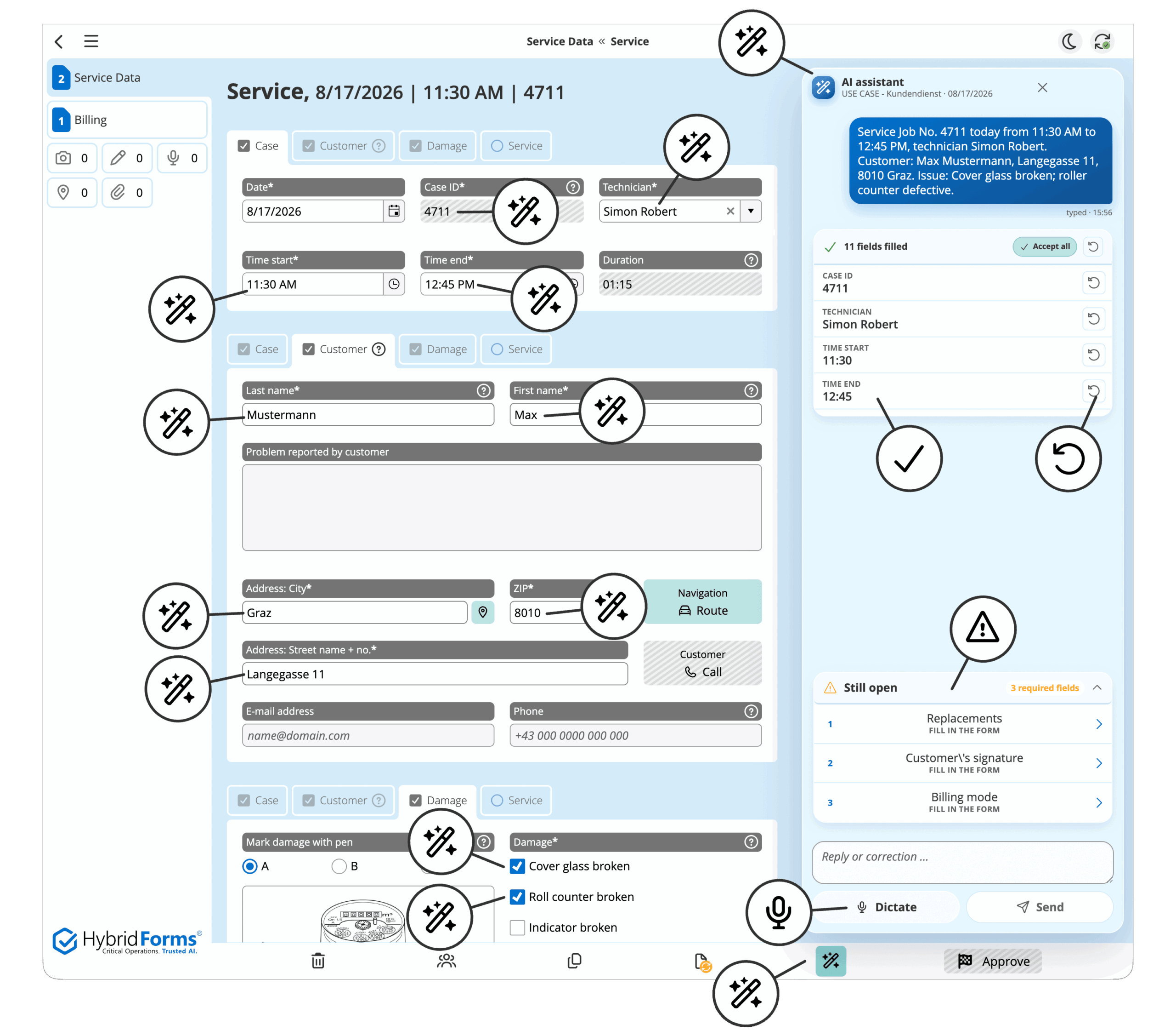 AI assistant in HybridForms fills eleven form fields from one account and lists three outstanding mandatory fields