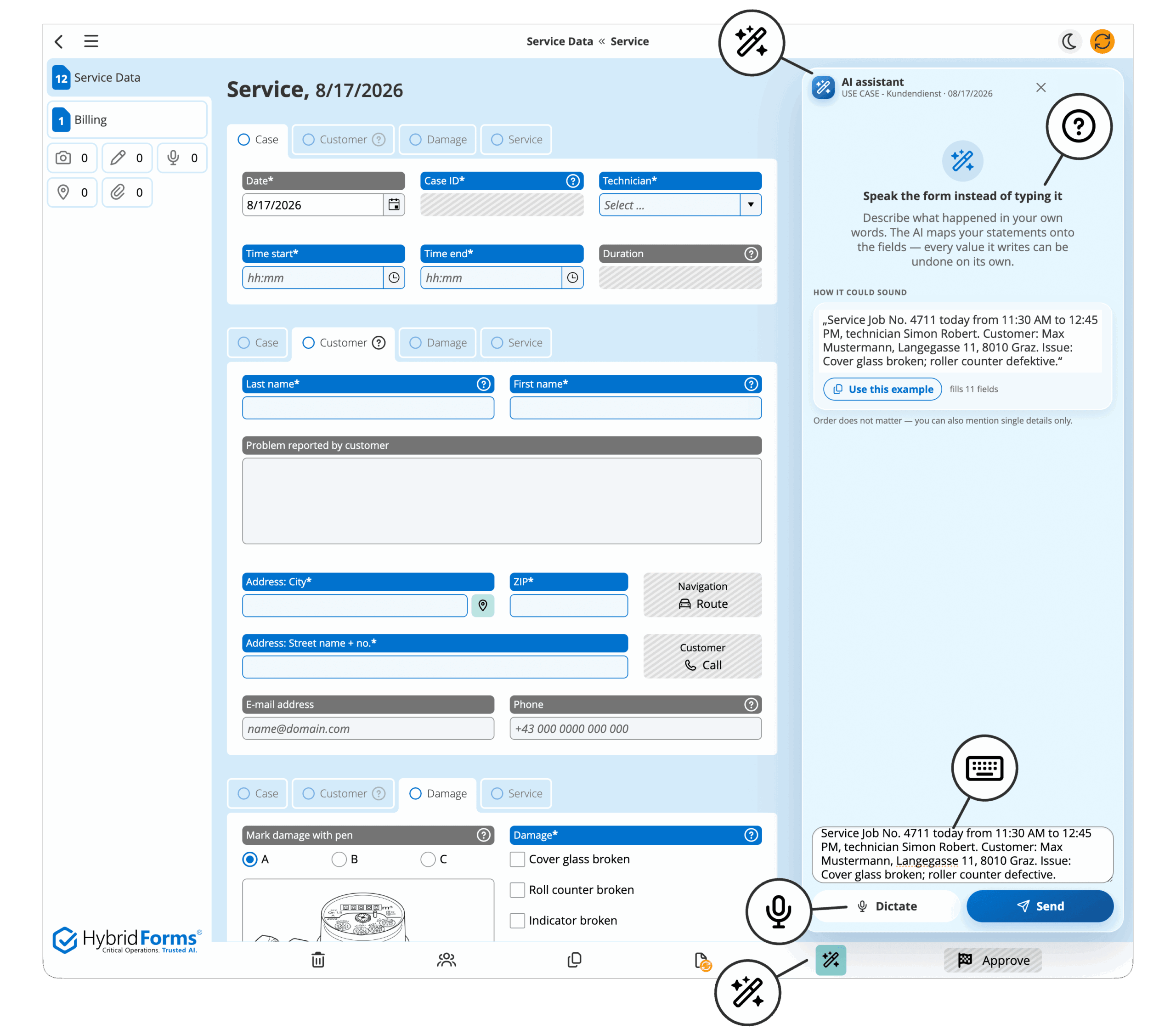 Field service form in HybridForms with the AI assistant open, showing an example of natural language input